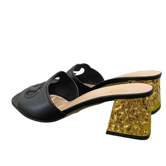 Gucci Interlocking G Cut Out Black Leather Gold Block Heel Sandal 38.5 - Picture 5 of 12